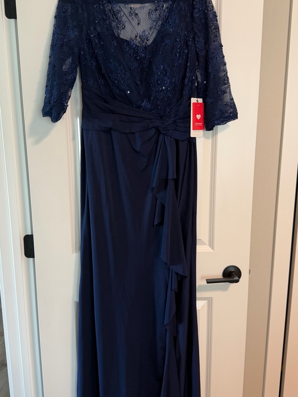 JJs House Mother of the Bride Groom Navy Beaded Lace Evening Gown